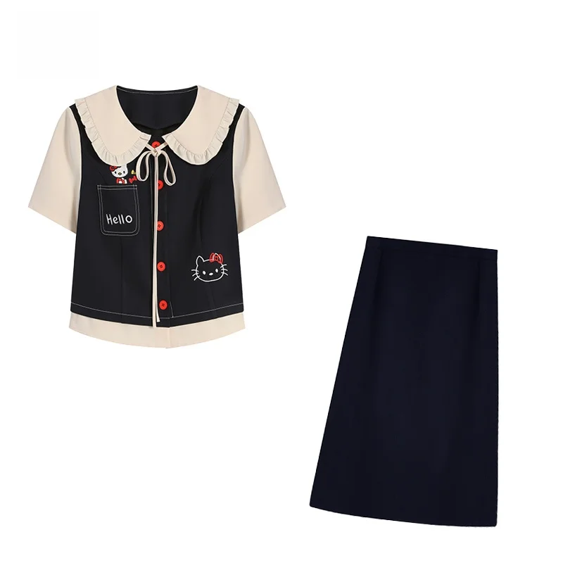 

plus Size Women's Fashion Set Summer New College Style Embroidery Shirt Straight Half Skirt High Waist Polyester Fiber