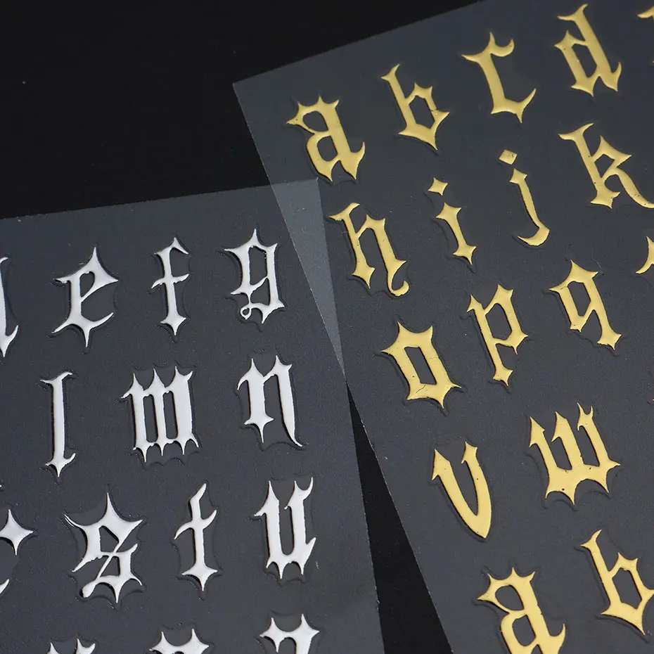 2/4 pçs gótico preto branco inglês carta arte do prego adesivos punk alfabeto romano encantos folhas y2k metálico manicure decoração