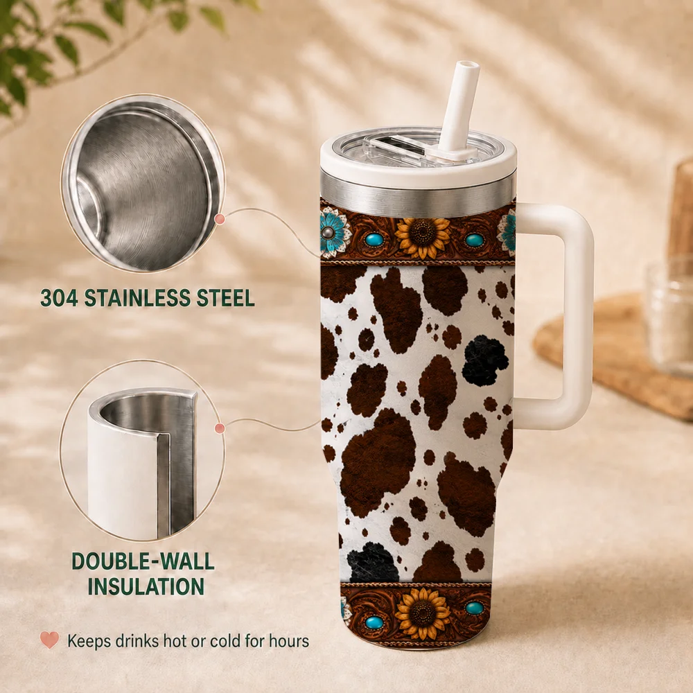 Western Cowhide Sunflower Vacuum Flasks 40oz Insulated Stainless Steel Tumbler Leakproof Straw Lid & Grip Handle Travel Cup