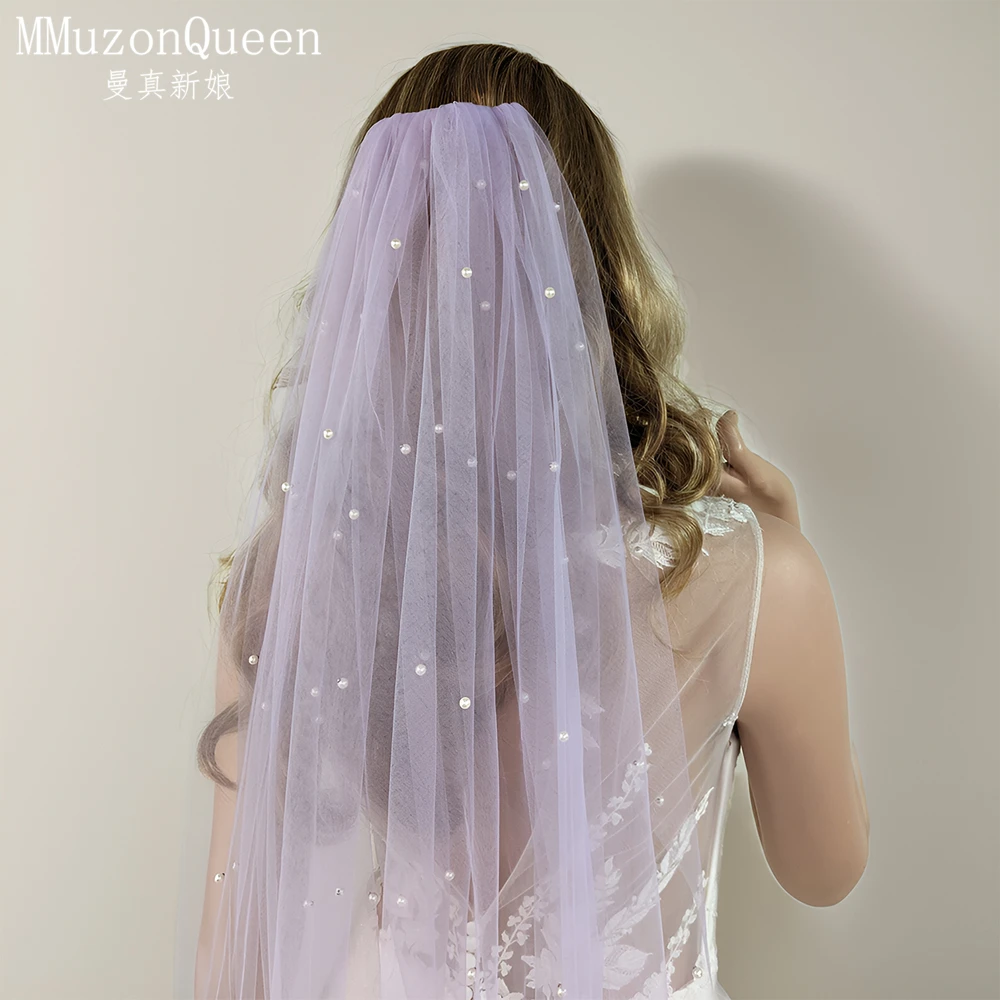 

MMQ M61 Light purple Pearl Wedding Veil For Bridal Soft Tulle Bridal With Comb Bride Party Accessories vestido de novia