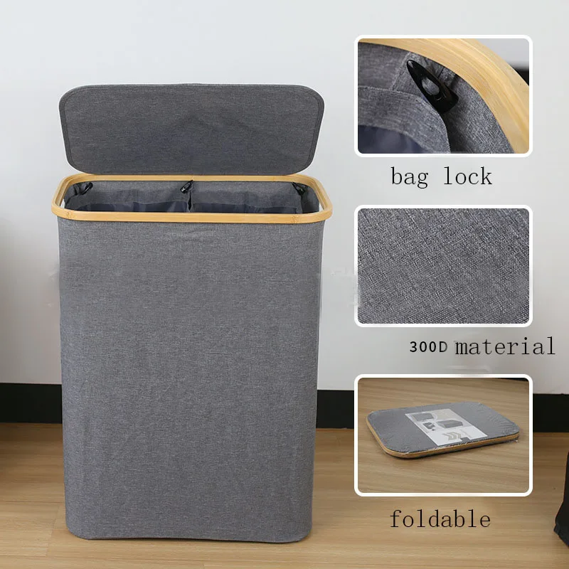 double Laundry Hamper with Lid Divided Laundry Hamper with Removable Bag 2 Section Dirty Clothes Basket with Handle for Bathroom