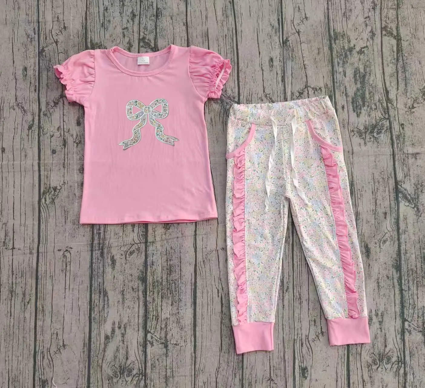 Z1011-15 GSPO2060 Presale Kids Outfit Short Sleeve Top With Pants Set Children Clothes
