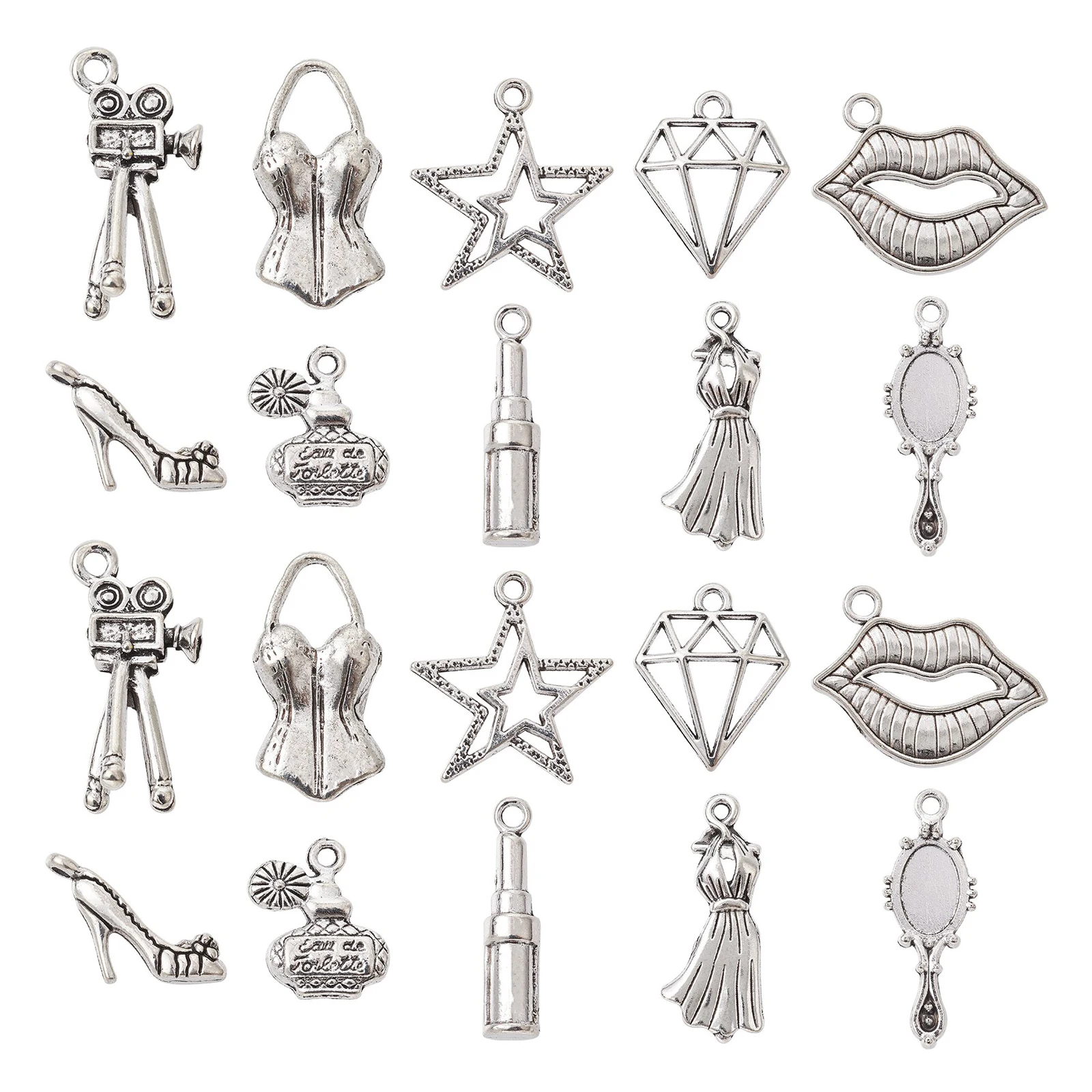 

Pandahall 50Pcs 10 Styles Tibetan Super Star Theme Charms Makeup High Heels Lipstick Perfume Charms for Jewelry Making