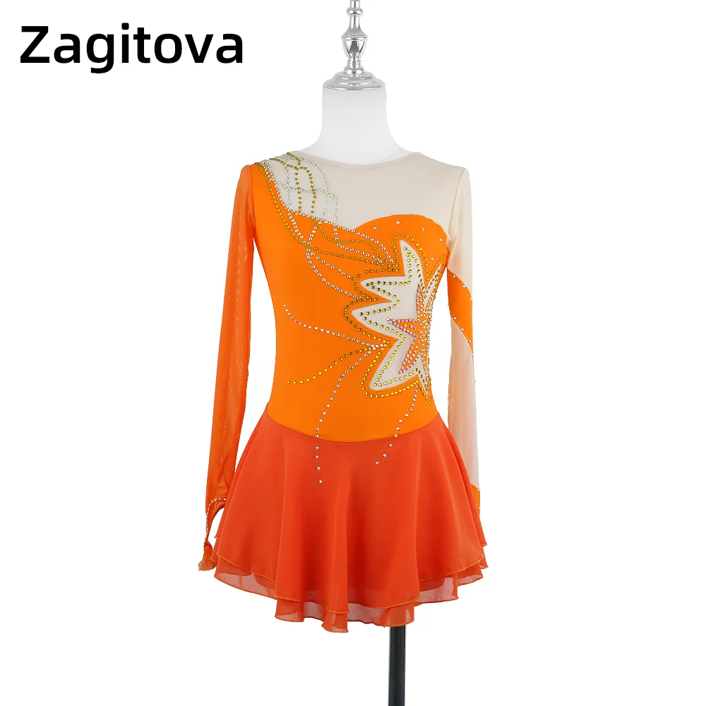 

ZAGITOVA Figure Skating Dress Women Girl's Performance Rhythmic Gymnastics Competition Ice Skating Skirt Orange Star Mesh Skirt