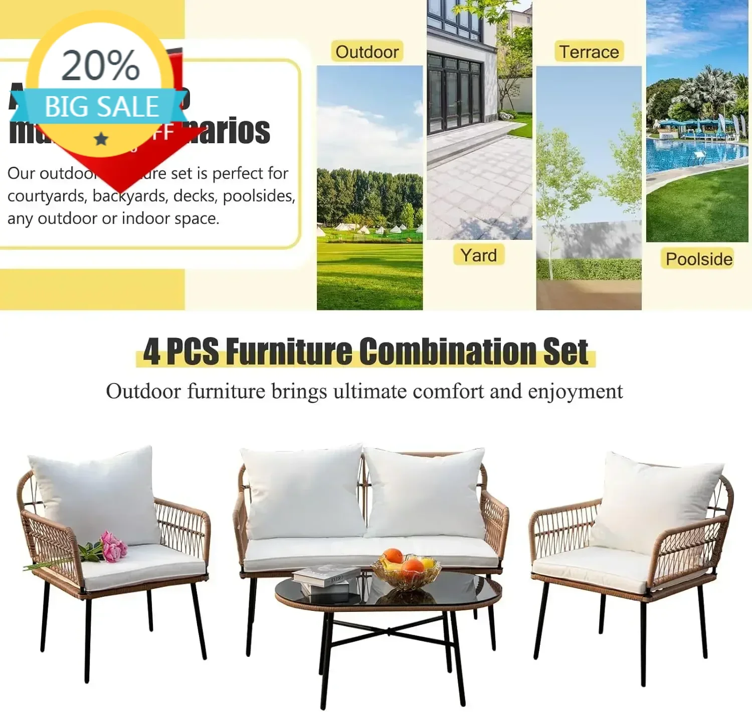 

BestsellerBestseller[XMSJ]4PC Patio Furniture Boho Style, Outdoor Wicker Chairs with White Washable Cushions and Glass Coffee Ta