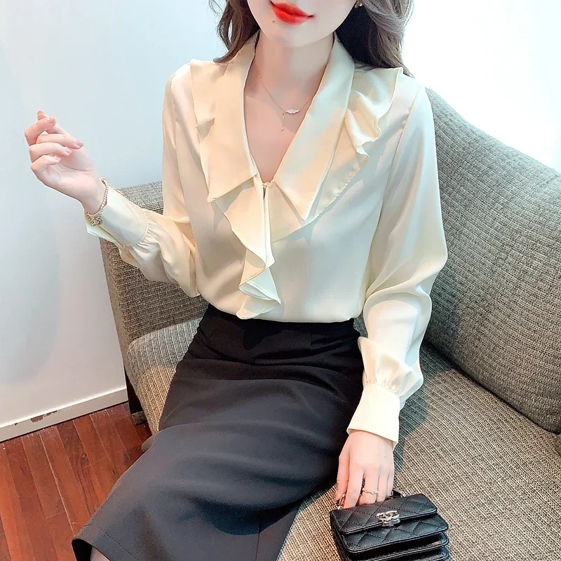 Mode Lange Mouw Vrouwen Blouse Ruches Turn Down Kraag Chiffon Blouse Shirt Vrouwen Tops Blouses Shirts Blusas Para Mujer G224