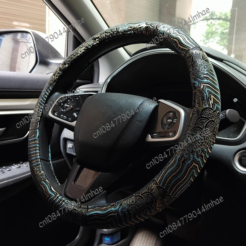 Car modified steering wheel cover brocade satin embroidery black four seasons universal original non-slip handlebar cover