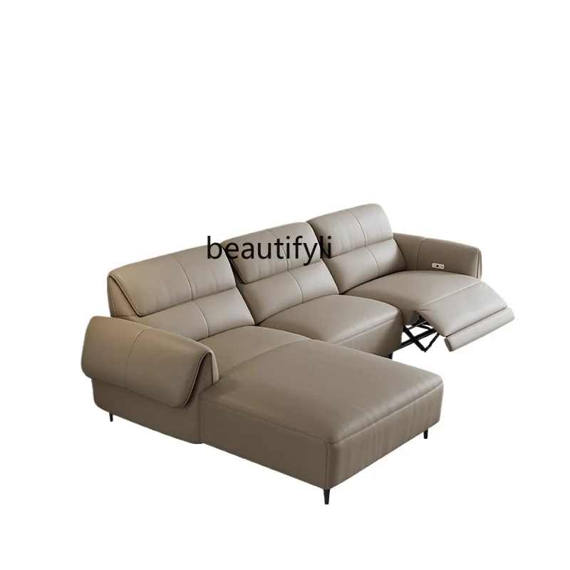 

Italian Minimalist Electric Multi-Functional Sofa Straight Row Living Room Small Apartment Home Top Layer Leather Sofa