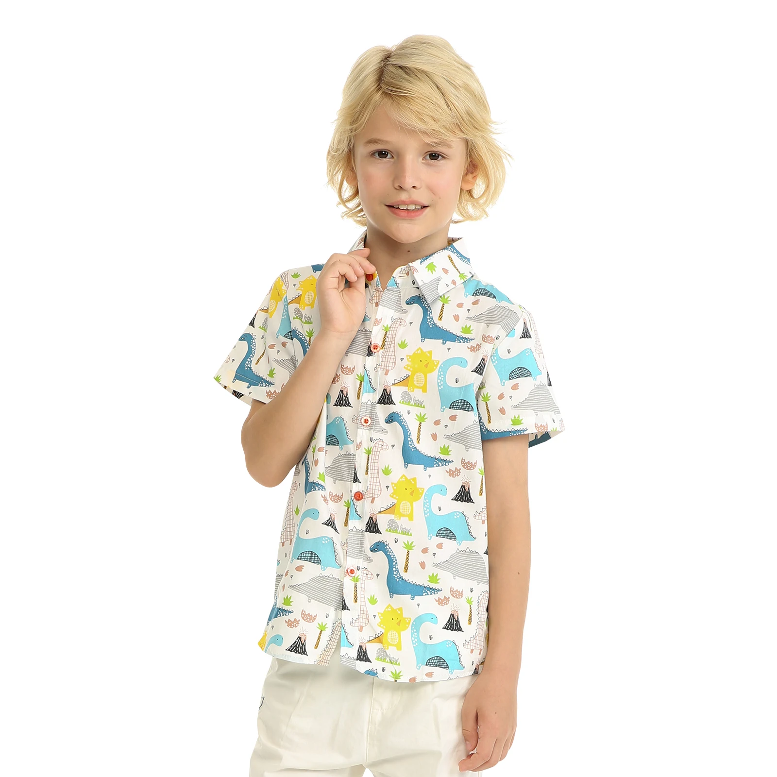 Mudkingdom Boys Hawaiian Shirt Dinosaur Floral Printing Short Sleeve Tops for Toddler Clothes Beach Holiday Button Down T-shirts