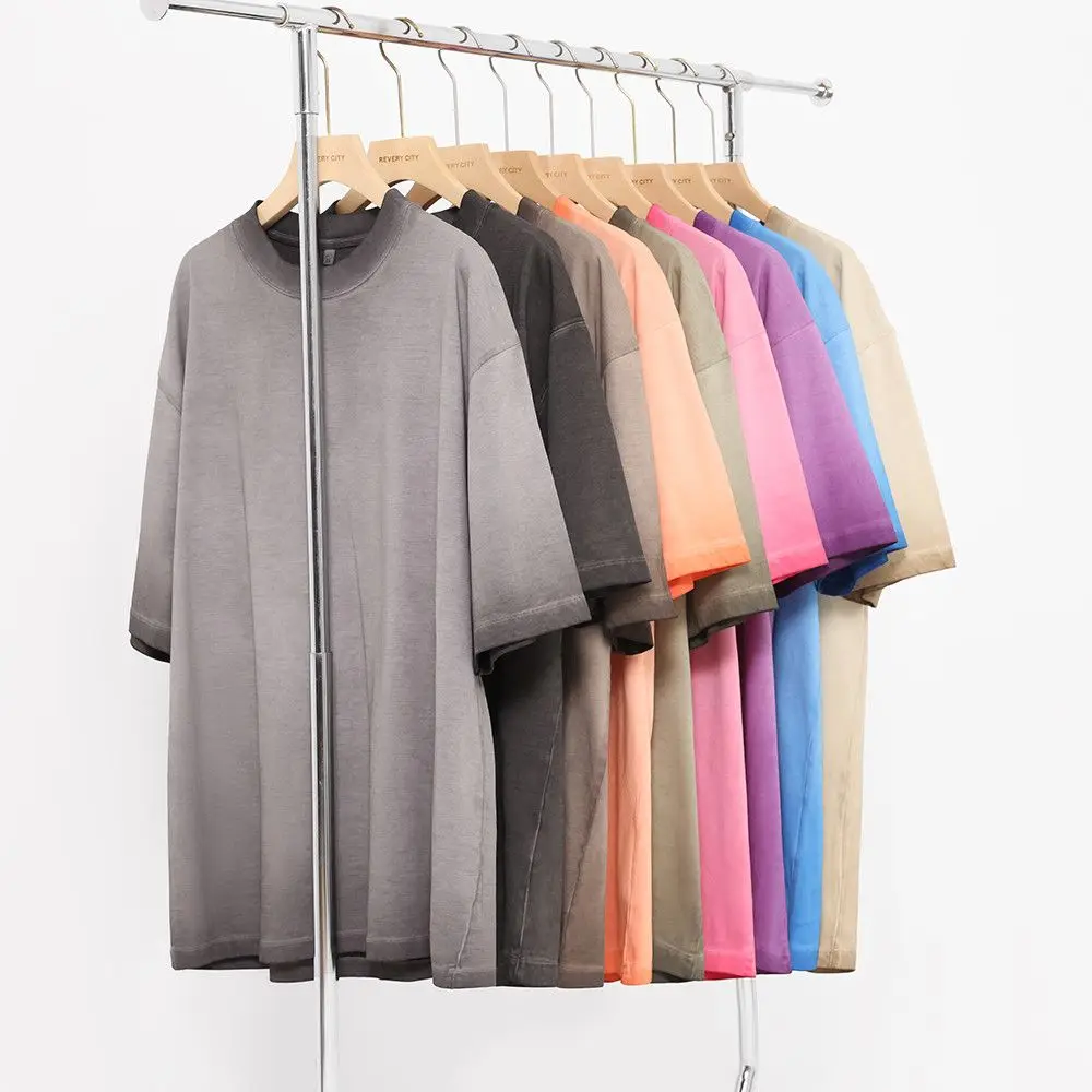 cotton 260 heavy retro washed two-color gradual change dopamine round neck short sleeve solid color loose half sleeve t-shirt