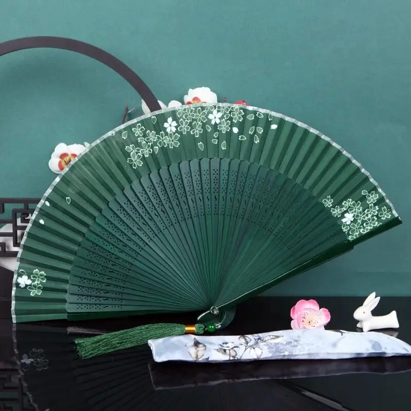 Bamboo Folding Fan with Large Tassel Portable Summer Cooling Daily Fan for Women Cheongsam Dance