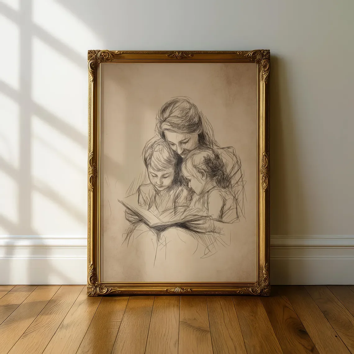 Motherhood Sketch Wall Art, Mom Reading to Children Drawing, Emotional Family Illustration, Mother’s Day Gift, Vintage Style