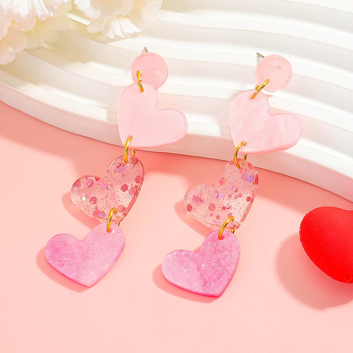 

2026 Elegant Cute Pink Three-Layer Heart-Shaped Acrylic Pendant Earring Fashion Jewelry Perfect Valentine's Day Gift for Her