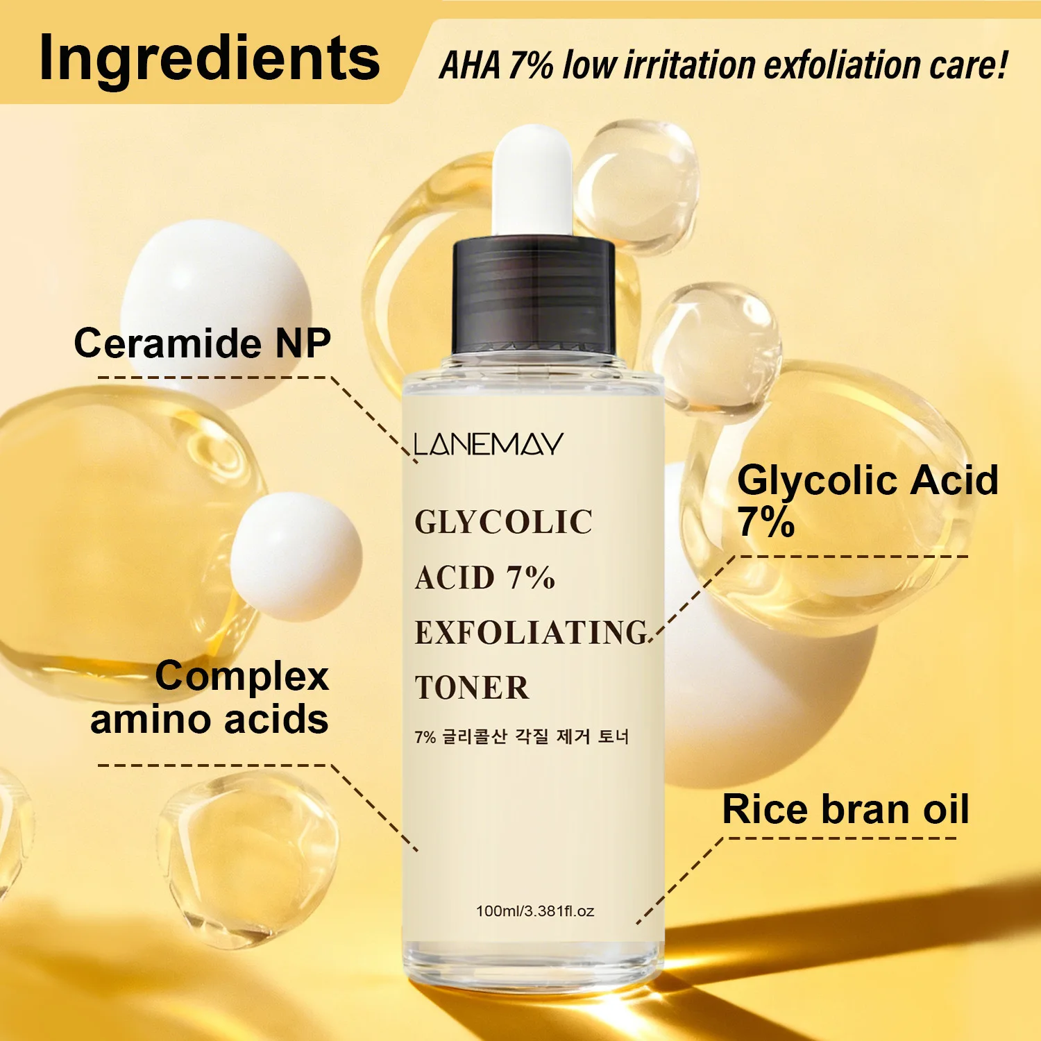 7% Glycolic Acid Exfoliating Toner 100ml - with Ceramide NP, Complex Amino Acids & Rice Bran Oil - Low Irritation Exfoliation.