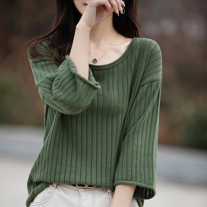T-shirt da donna primavera/estate 100% cotone maglione manica a un quarto Casual maglieria allentata top da donna camicetta girocollo top vuoti