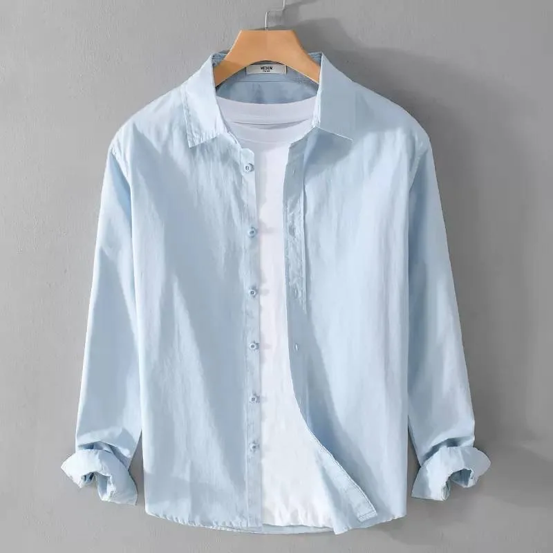  Summer Men's Shirt Thin Long Sleeve Pure Color Casual Outerwear Standard Fit Linen Fashion Urban Youth Spring Autumn