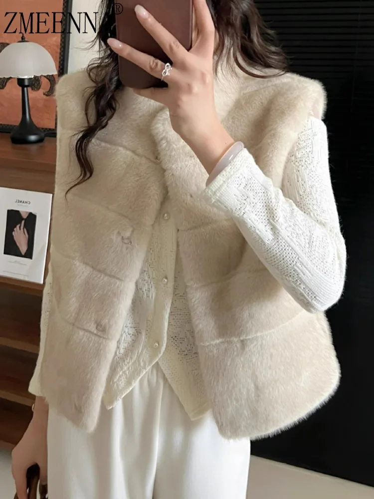 سترة نسائية من الفرو الصناعي من ZMEENNA بدون أكمام ملابس خارجية منفوشة أشعث تصميم شريطي أفقي قطعة طبقات دافئة ZM4451 #1