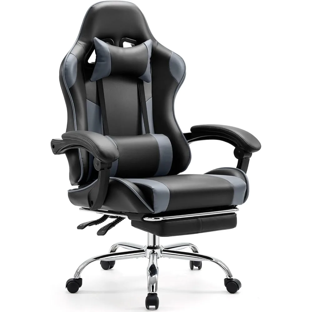 

Video Game Desk Chair - Ergonomic Computer with Footrest and Comfy Lumbar Support, PU Leather Recliner with Headrest, Fixed Up