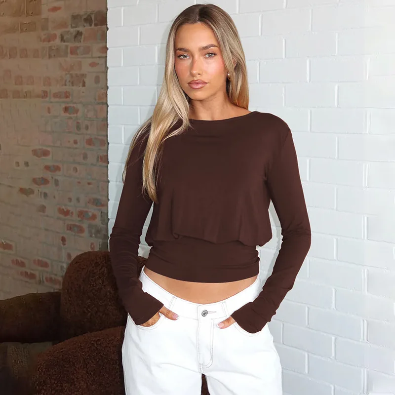 

Высокое качество, хит продаж, оптовая продажа, женский осенний новый продукт 2025 года, модный повседневный топ для похудения с круглым вырезом и длинными рукавами Y2K