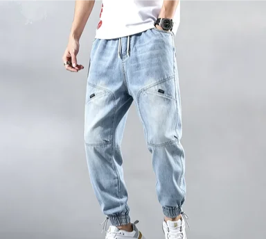 Street Elastic Jeans Men Denim Cargo Pants Wash Solid Color Multi Pockets Casual Mid Waist Trousers Daily Wear Joggers