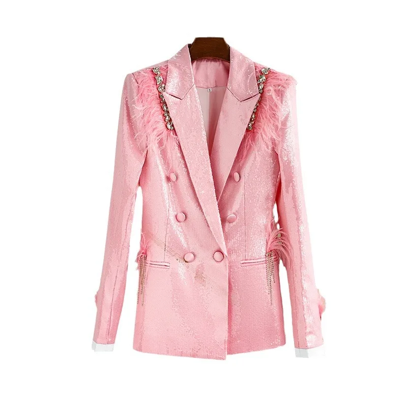 

New European American performance dress pink sequined jacket nightclub women's cardigan bar party suit trf ropa mujer outerwears
