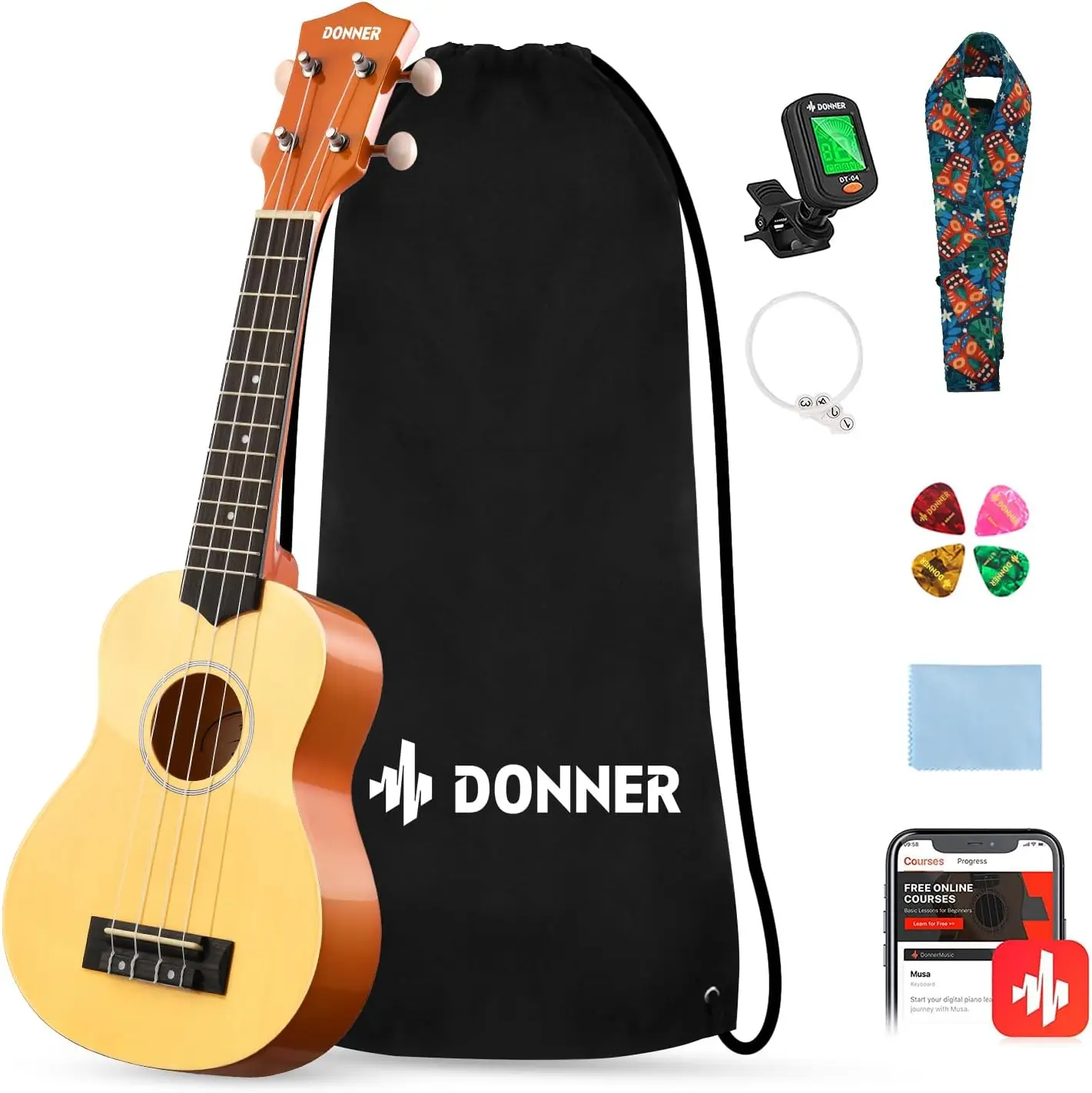 21 Inch Soprano Ukulele Starter Bundle Kit for Beginners - Includes Bag, Strap, Strings, Tuner, Picks, Cleaning Cloth, Free Online Lessons (Natural)