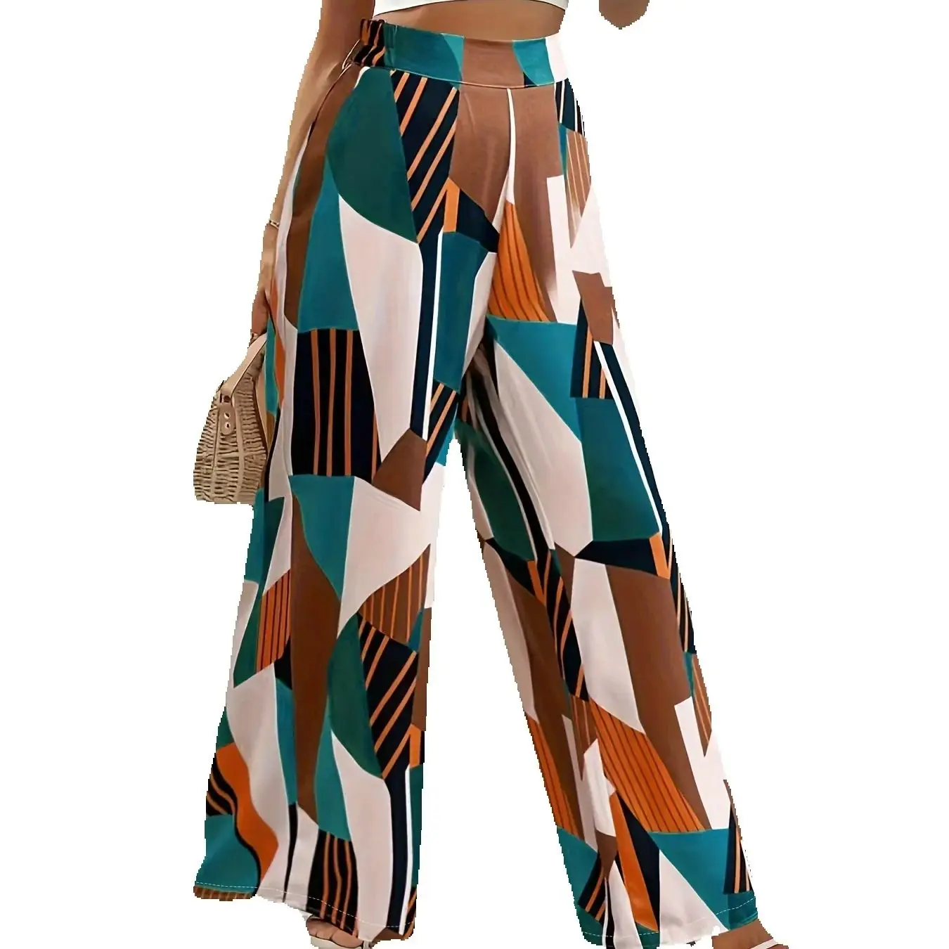 여성용 하이웨이스트 신축성 있는 허리밴드 기하학 무늬 와이드 팬츠, 캐주얼 스타일리시 바지