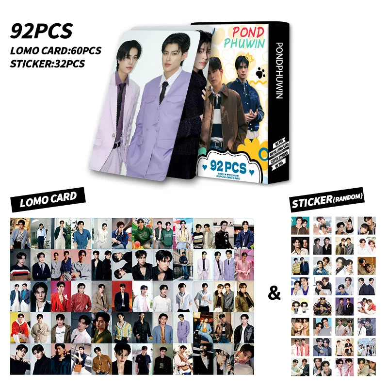 92Pcs/Set Thailand Stars PondPhuwin Laser Lomo Card Pond&Phuwin Characters Small Cards Photocard With Stickers Fans Support Card