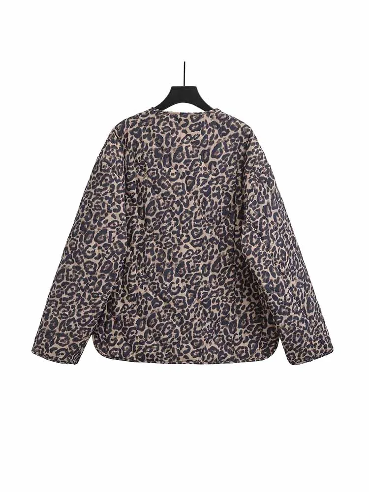 2024 European and American style new women\'s clothing classic fashion versatile fashionable leopard print zipper cotton coat