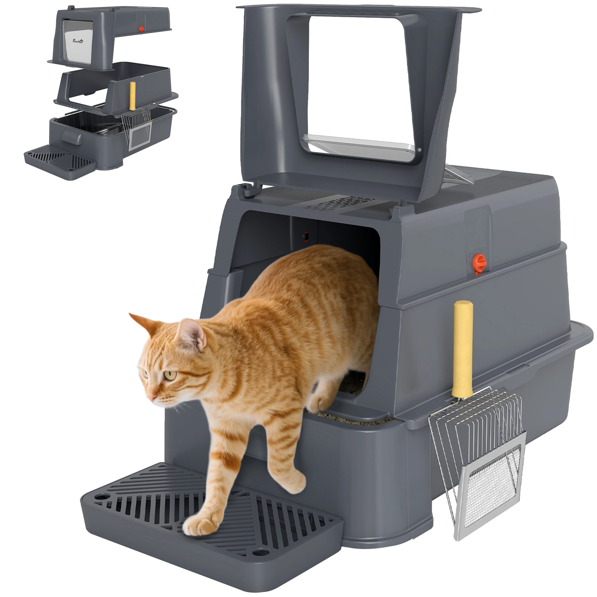 Pawhut XL kattenbak van roestvrij staal met 180 ° Klapdeksel ° Hoge zijkanten pedaal Pala