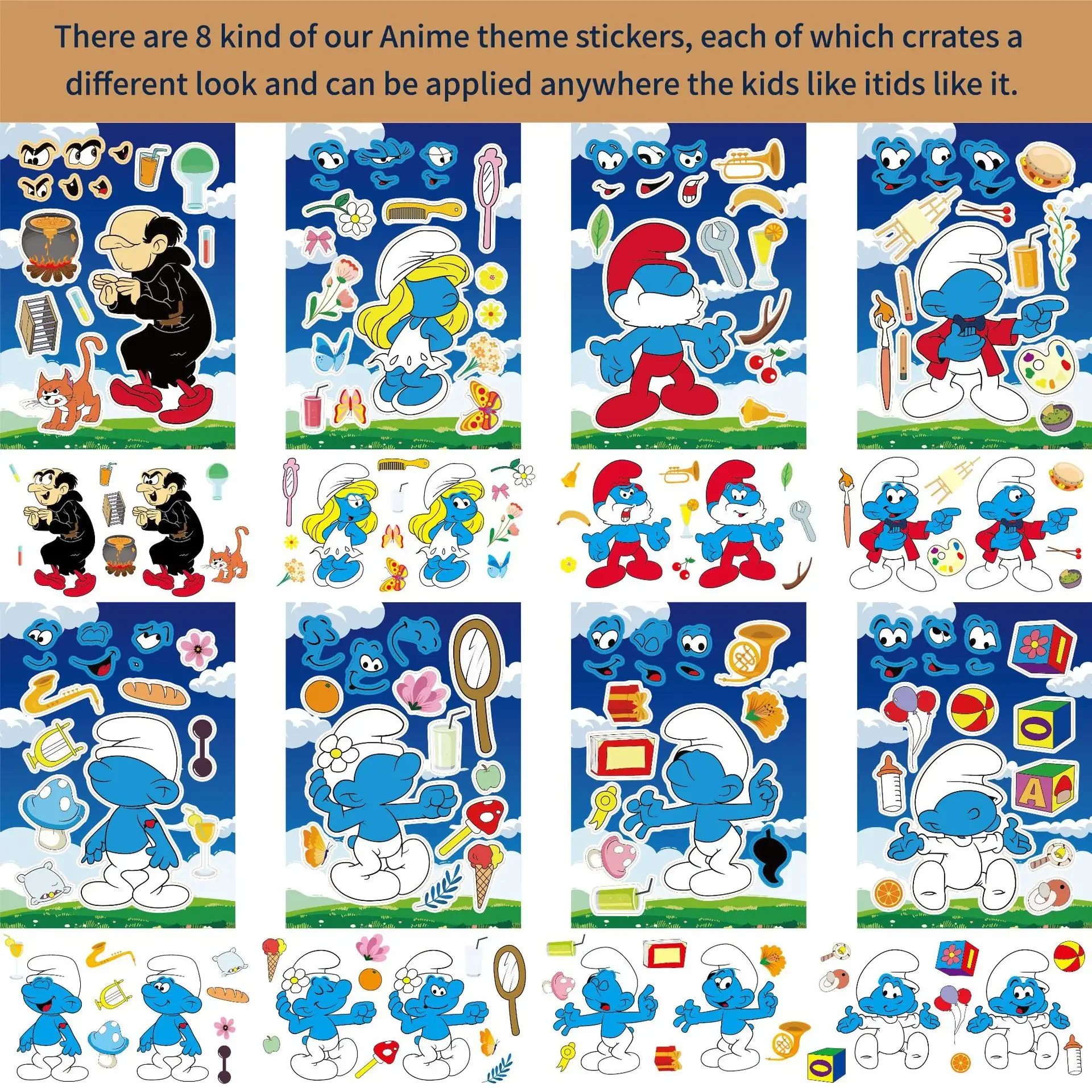 Anime Smurfs Puzzle Naklejka Naklejki na twarz Film Kreskówka Dzieci DIY Party Chłopcy Dziewczyna Montaż Naklejki Zabawki Zrób prezenty urodzinowe