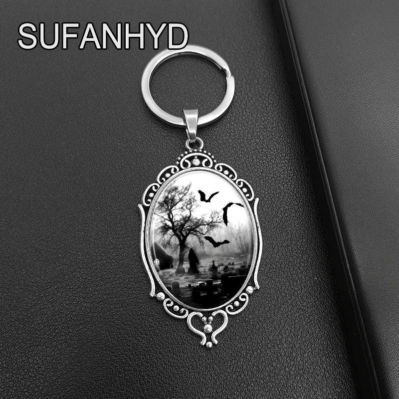 Big Gothic Gemetery Cameo Keychain for House Reaper Death Pendant Keyring Graveyard Bats Key Chain for Halloween