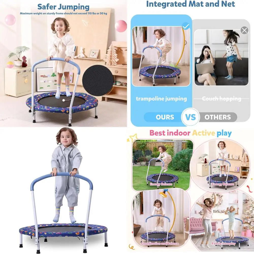 

36"/55" Trampoline for Kids, Mini Toddler Trampolines Indoor with Basketball Hoop & Safety Enclosure Net, No-Gap Safe Desian for