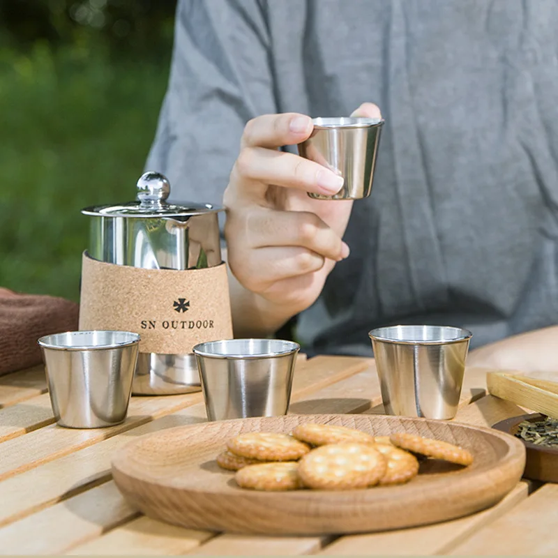 Juegos completos de máquina de té portátil de viaje de acero inoxidable, juego Simple para acampar al aire libre, una olla de cuatro tazas, taza de té rápida