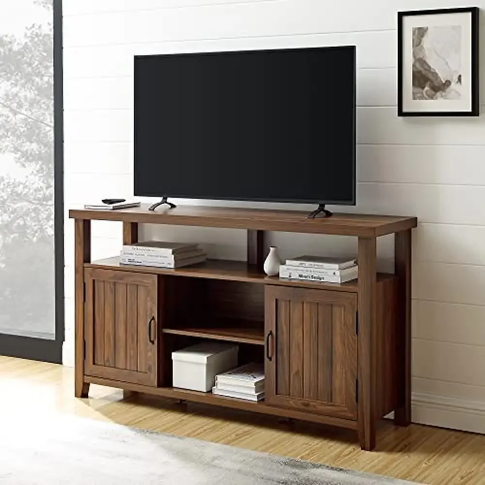 Kent Modern Rustic Grooved Door Tall TV Stand TVs up to 65 Inches 58 Inch Dark Walnut