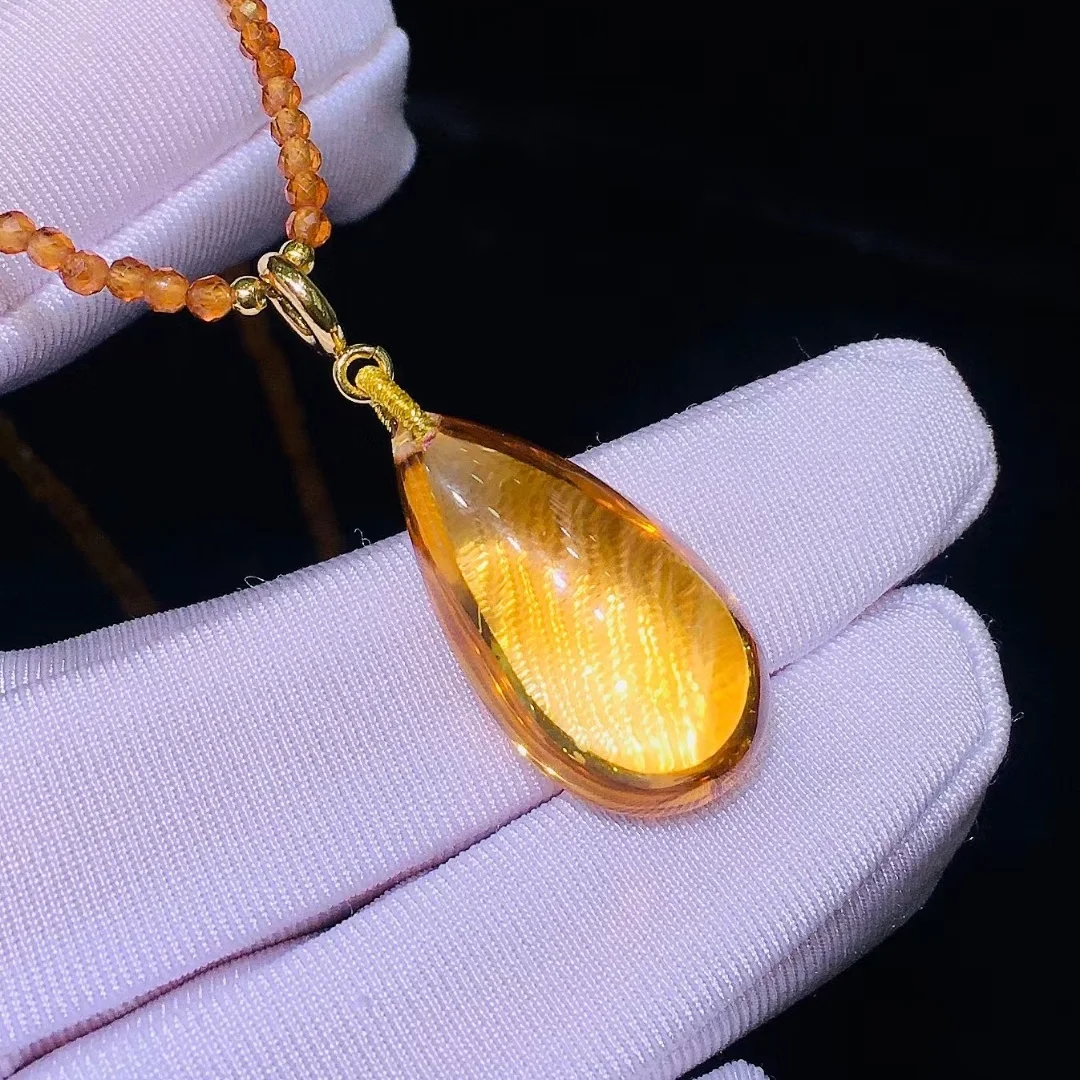 

Natural Yellow Citrine Quartz Water Drop Pendant 18K gold Women Wealthy 23.17.8m Gold Citrine Fashion Bead Necklace AAAAA