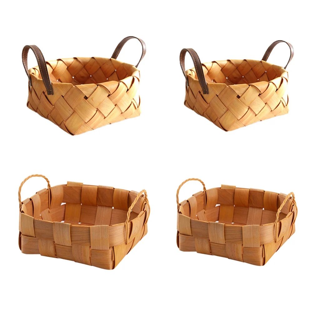 Wicker Rattan Storage Basket Bamboo Hand-woven Basket With Handle Round Square Bread Food Fruit Plate Cake Platter Serving Tray