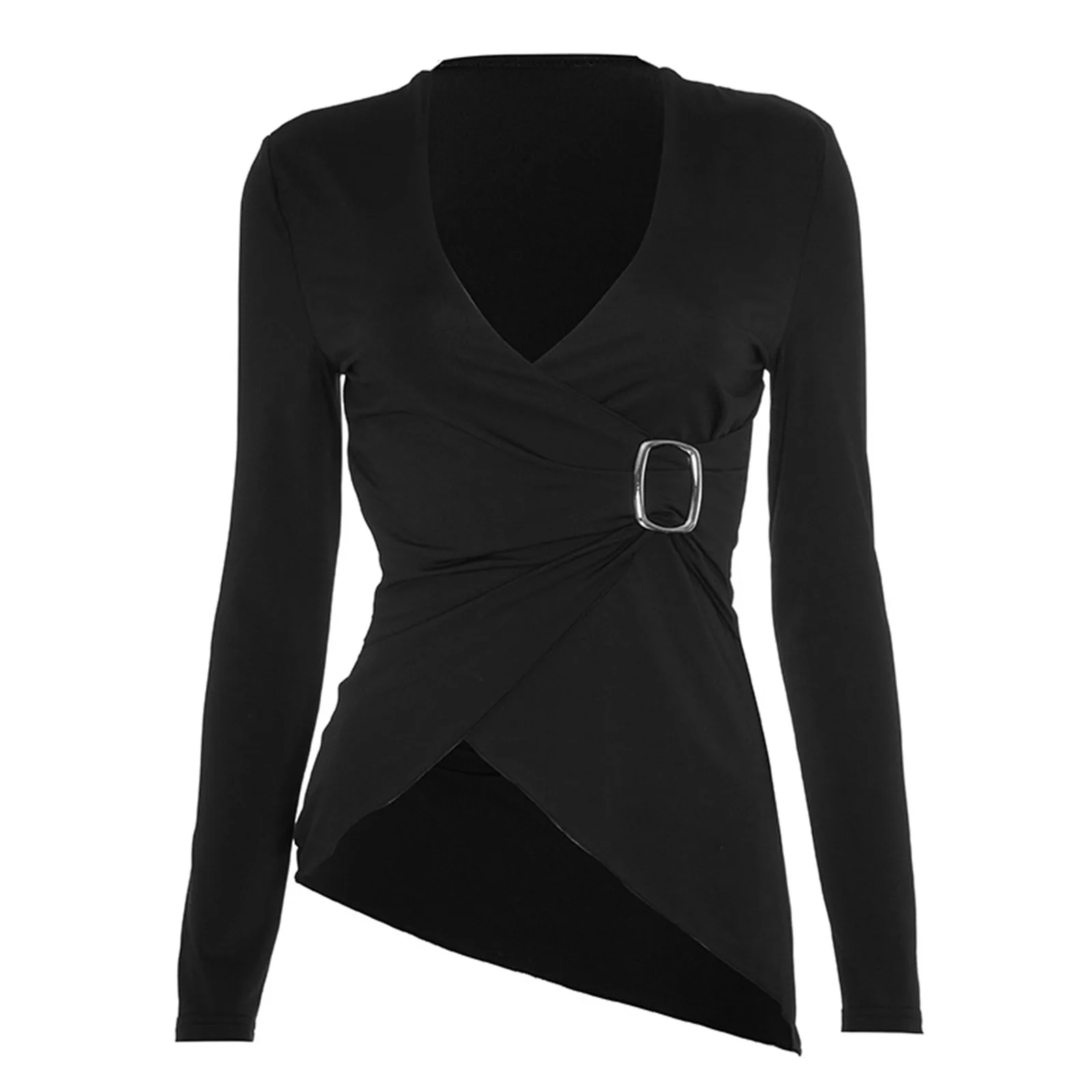 Camicetta asimmetrica da donna Top alla moda con scollo a V Manica lunga con volant T-shirt avvolgente per camicette da festa da club Abiti da donna di moda