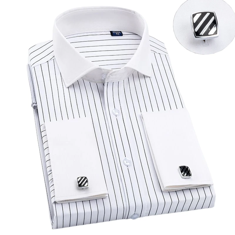 

Windsor Collar Men's French Cuff Dress Shirt Long Sleeve Striped Spread Collar Men Business Formal Tuxedo Shirts with Cufflinks