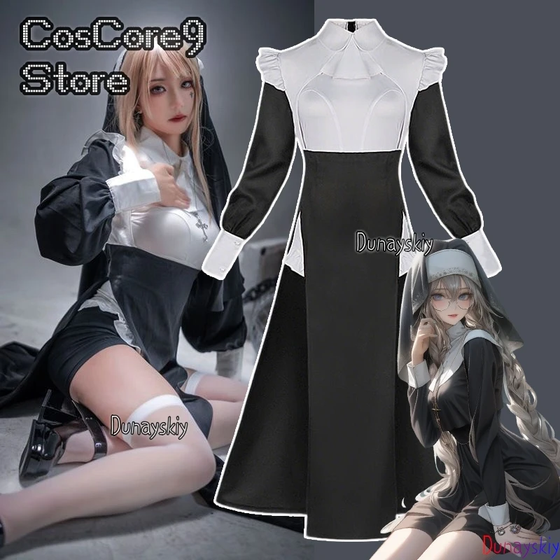 

Nun Halloween Cosplay Costume Sexy Black White Splits Tight-fitting Uniforms Halloween Roleplay Outfit Adult Nun Dress Women's