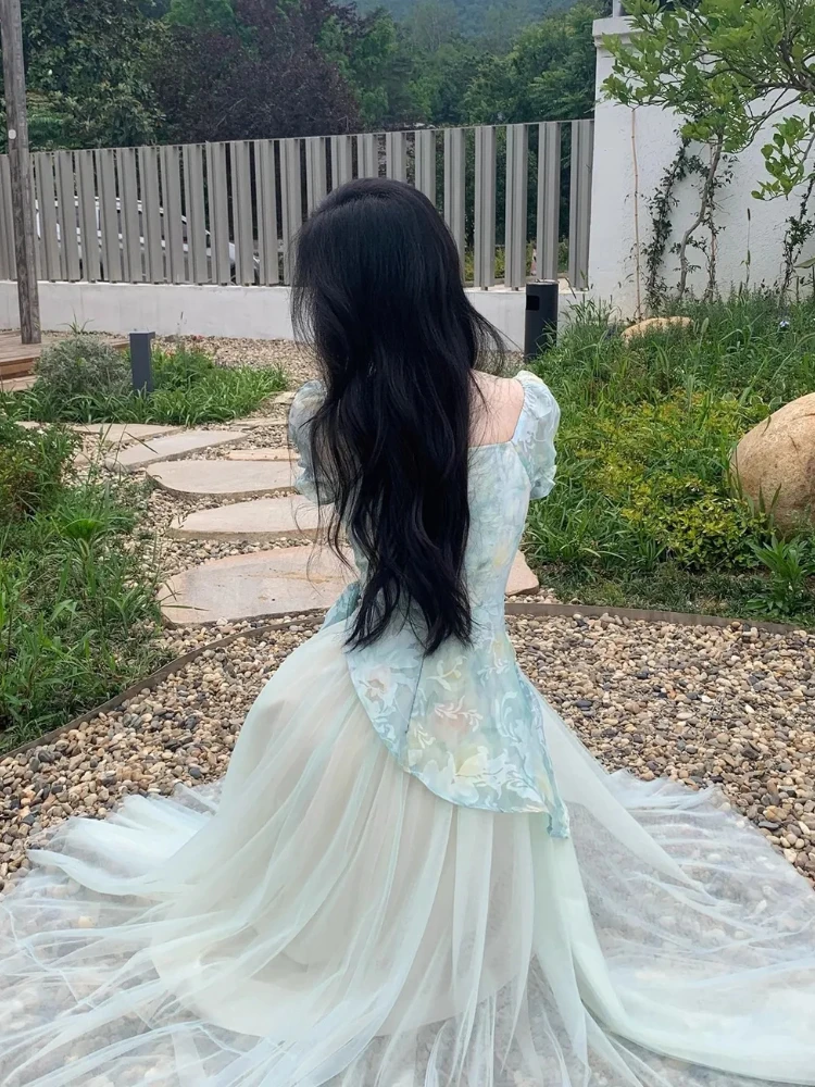 الصيف الحلو فستان أنيق المرأة شيك نفخة الأكمام الأزهار طباعة شبكة المرقعة فساتين الجنية الكورية الإناث عطلة فستان الحفلات