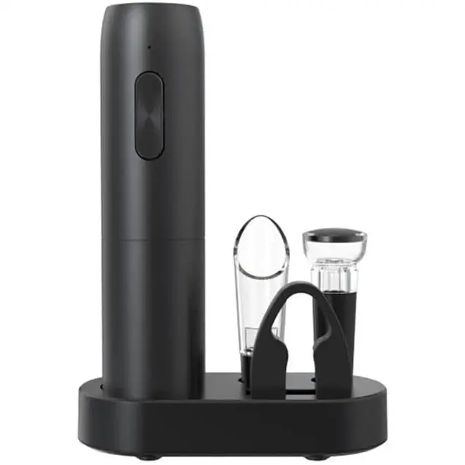 Set de Vino Eléctrico 4 en 1 Recargable – Sacacorchos Automático, Vertedor Antigoteo, Tapón al Vacío y Cortacápsulas con Base Organizadora – Abrir, Servir y Conservar con Elegancia