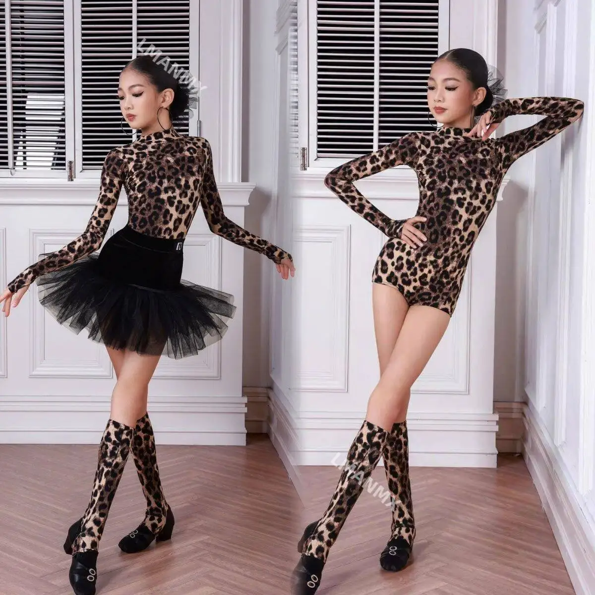 

Платье для латинских танцев для девочек, осень/зима 2025 г., новый комплект тренировочных платьев с леопардовым узором