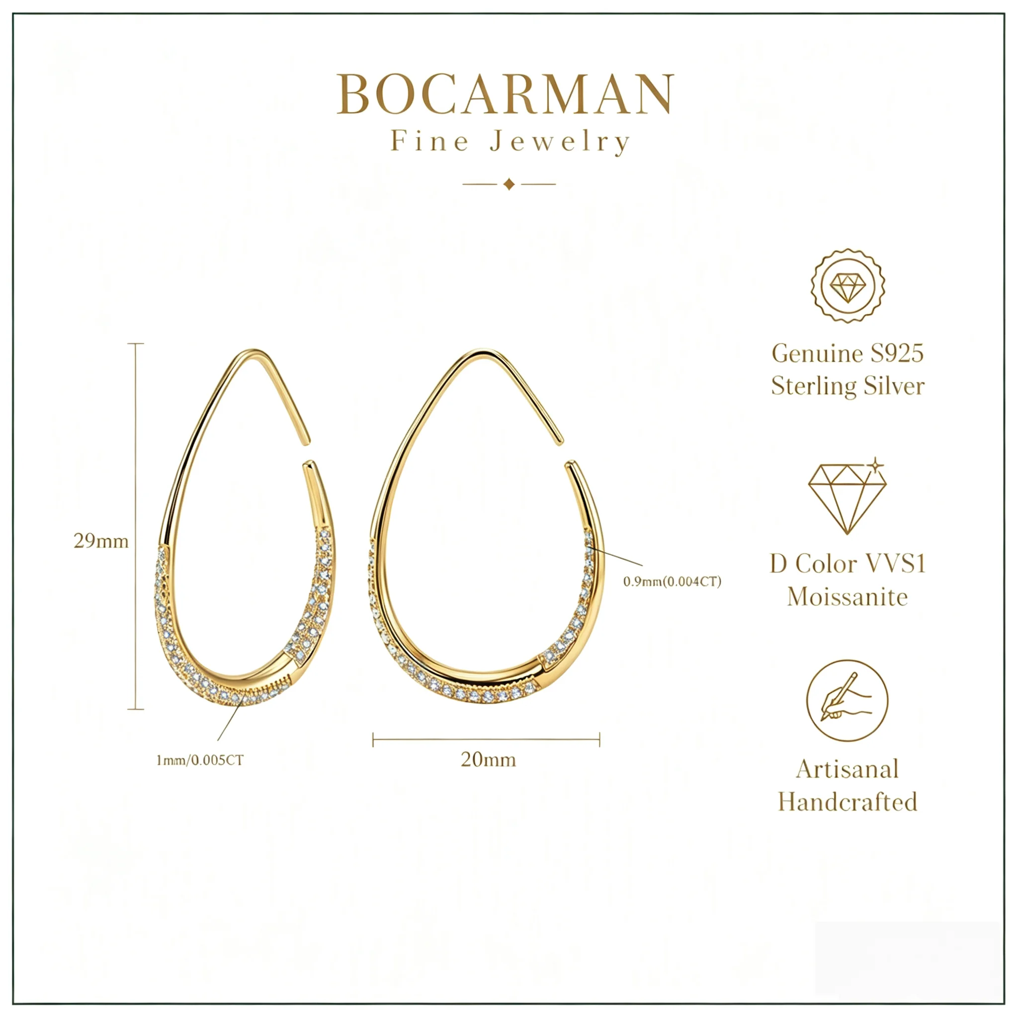 Bocarman 14K Gold Plated S925 Moissanite Large Hoop Earrings Pave Set D Color VVS1 GRA Certified Sparkling Statement Gift