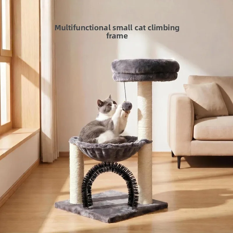 Small Multifunctional Cat Climbing Frame with Hair Rubbing Device, Sisal Wear-resistant Grabbing Column, Double-layer Plush Nest