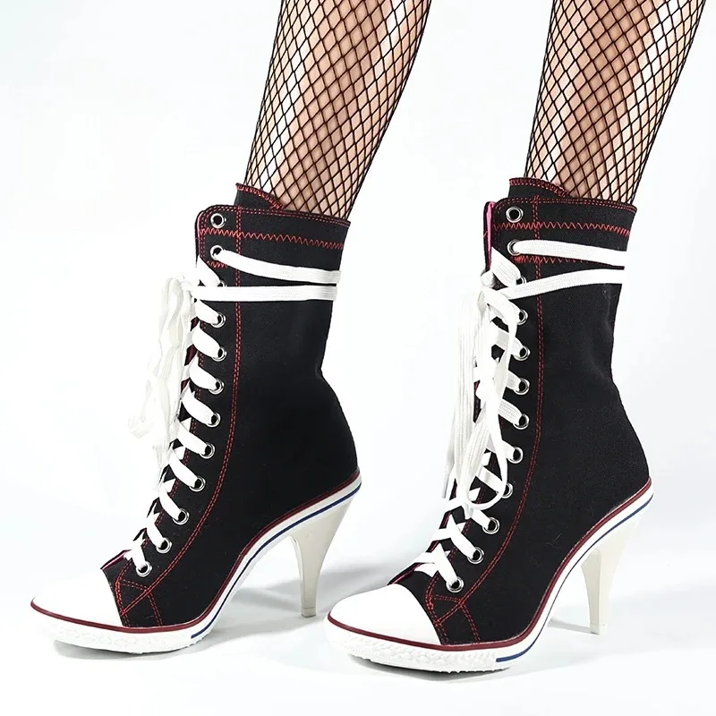 

Single Shoes Woman's Denim Canvas Shoes Round Toe High Heels Fashion High-Top Sneakers Lace-up Denim Women Casual Canvas Boots