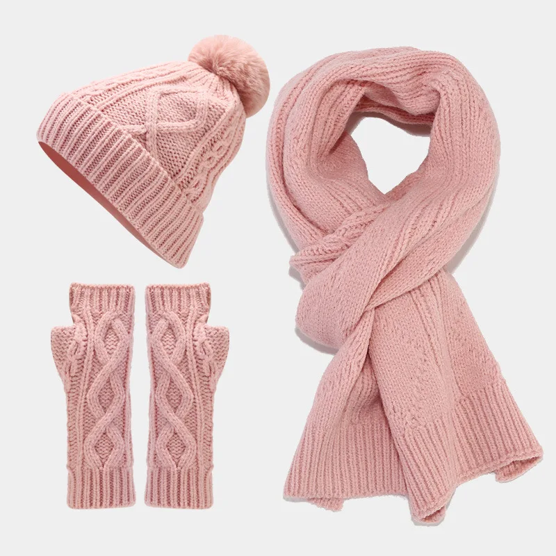 Thickened Fleece Winter Knitted Hat Scarf Gloves Set with Large Boucle Outdoor Warm Cold Proof 3pcs/set
