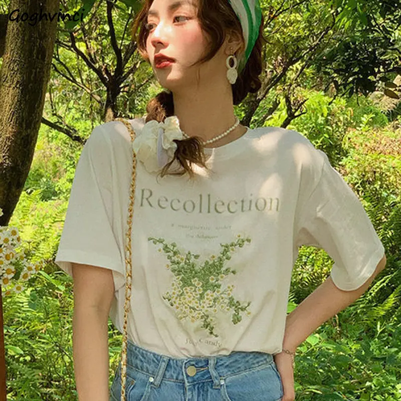 Flowers T-shirts Women Vintage Summer New Female Tops Korean Style Streetwear Simple All-match Baggy Gentle Artsy Girlish Trendy