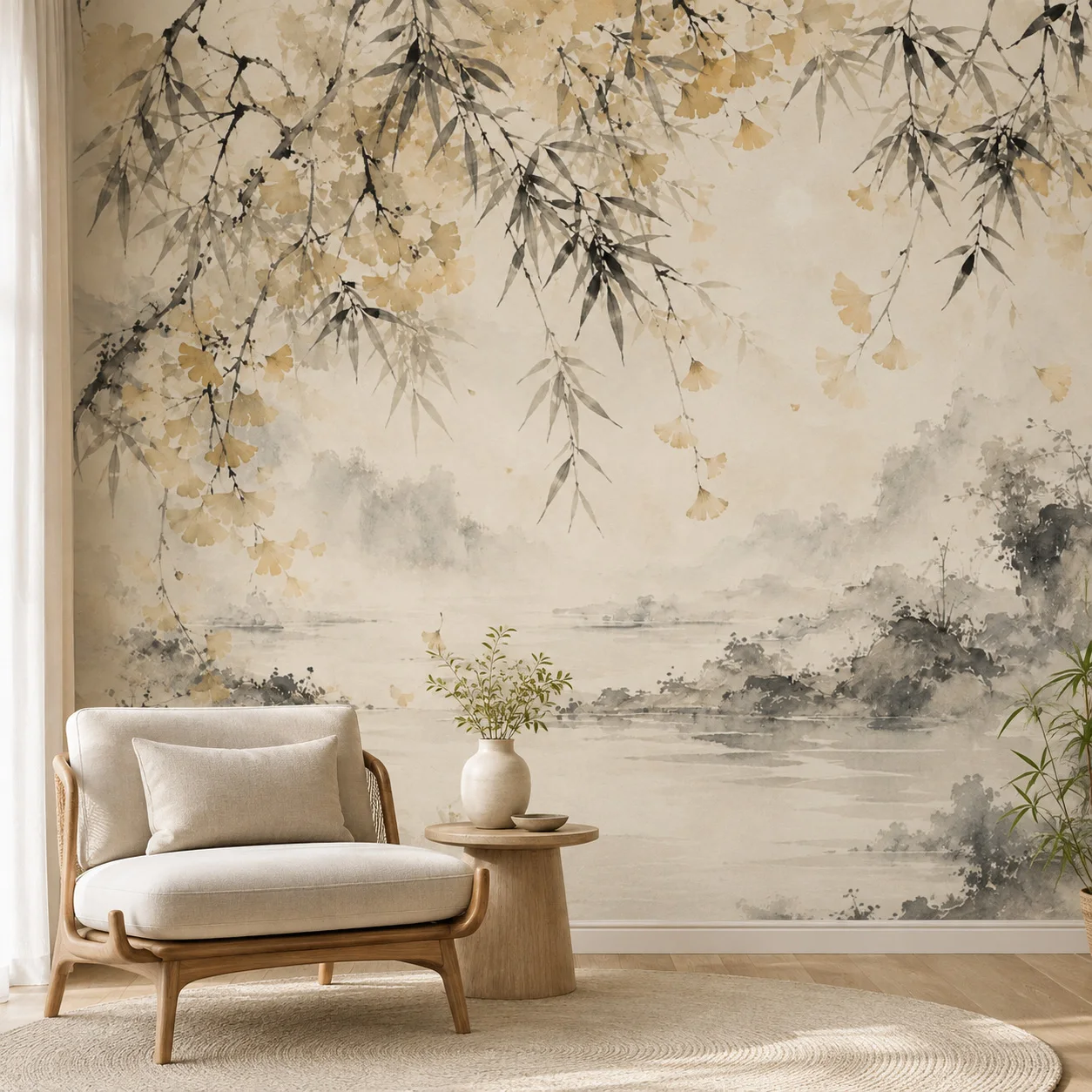 Chinese Ink Ginkgo Bamboo Mural Wallpaper Misty Lake Landscape Wall Art Living Room Bedroom Non Self Adhesive Glue Required