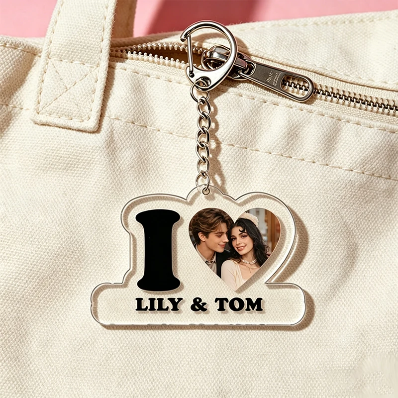 

Acrylic Custom Heart Shape Photo Name Pendant Keychain Transparent Acrylic Plate Couples Picture Names Personalized Key Ring